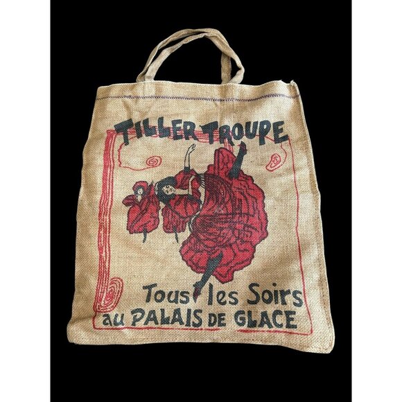 Vintage Market Bag Jute Burlap Tiller Troupe French Dancer Red Black Print NWOT - Picture 1 of 6